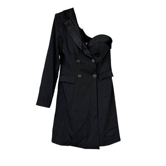 Mac Duggal NWT Black One Sleeve Tuxedo Mini Dress Size 2 Faux Button Satin Trim - Picture 3 of 12
